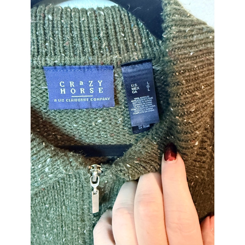 Crazy Horse Liz Claiborne Sweater Green Speckled Knit Zip‎ Up Collared  Size L - Picture 2 of 8